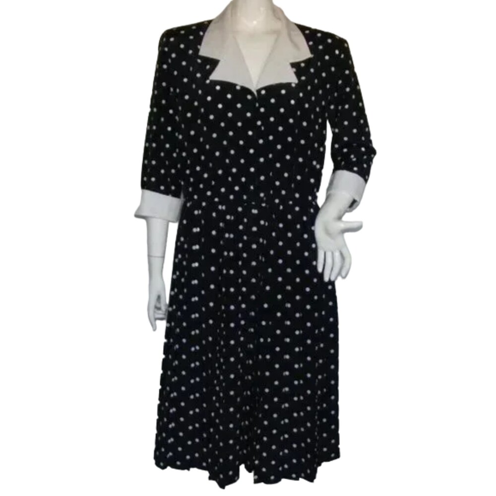 SERBIN Polka Dot Dress, 14, Navy Blue/White Polka Dots, Career, 3/4 sleeves